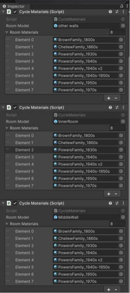 CycleMaterials component listing 1930s–1970s materials for walls