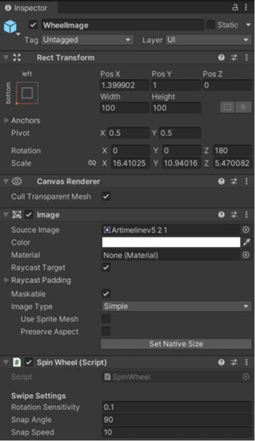 Wheel image object showing UI setup and anchoring