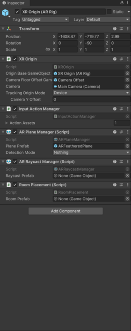 XR Origin with AR Plane & Raycast Managers and RoomPlacement script